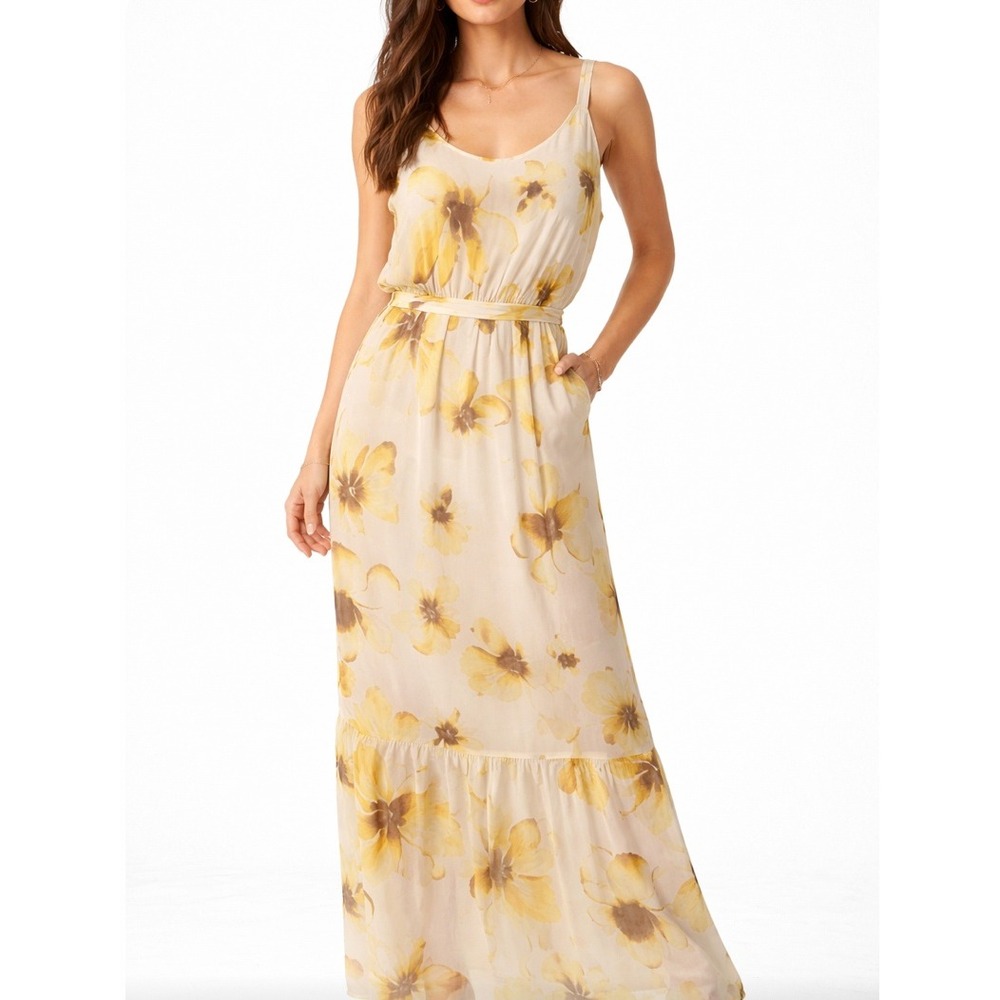 Simply Vera Wang Floral‎ Maxi Dress Yellow Cream Sleeveless Smocked Back S